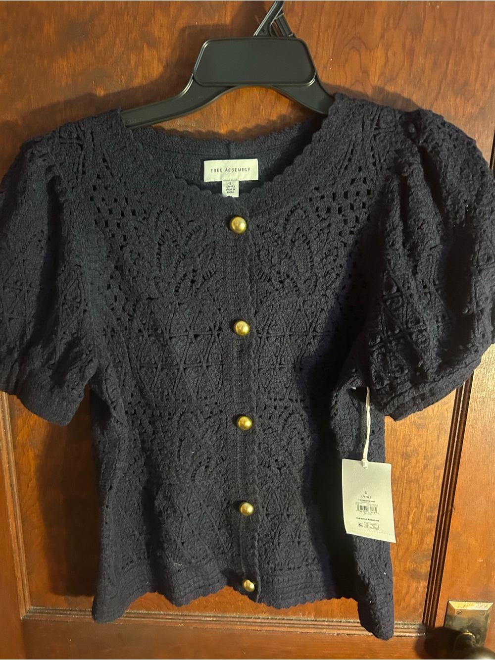 Free Assembly Navy Crochet Button-Front Puff Sleeve Shirt